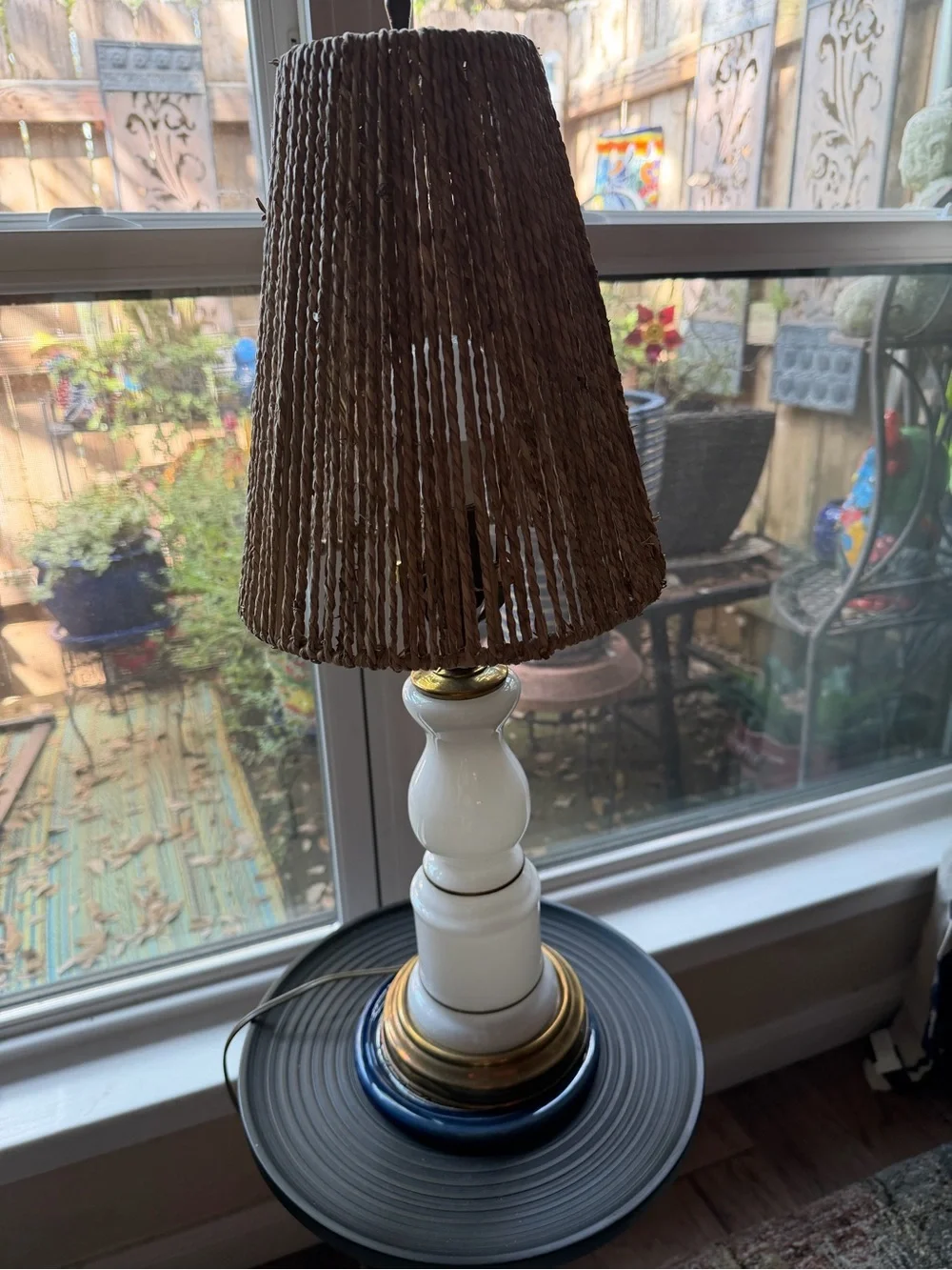 Vintage White Glass and Brass Small Table Lamp. Jute Shade. Hand Painted Stripe